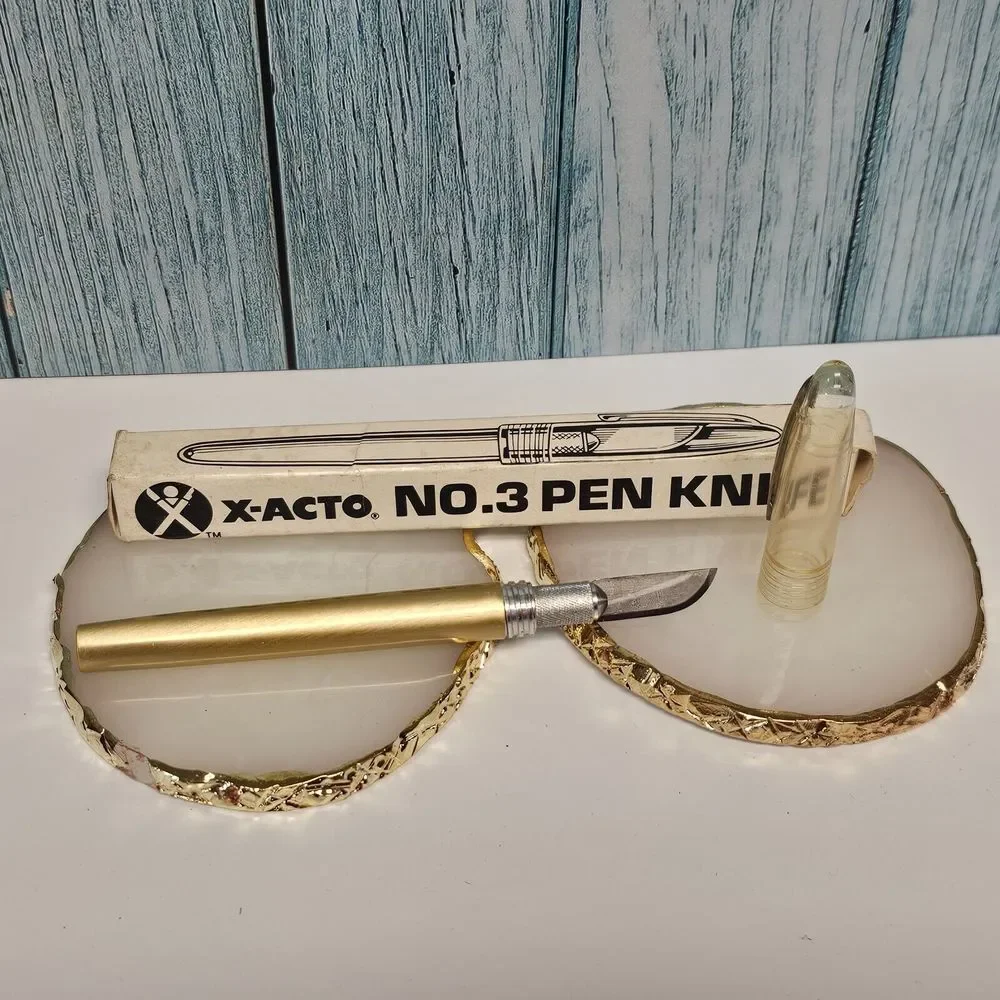 Vintage X-ACTO Pen Knife Gold Tone Metal Barrel NO. 3 Safety Cap Pocket Clip Box